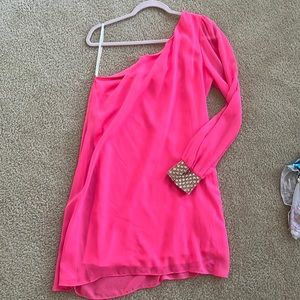One should hit pink chiffon dress with crystal sleeve. Used. Large